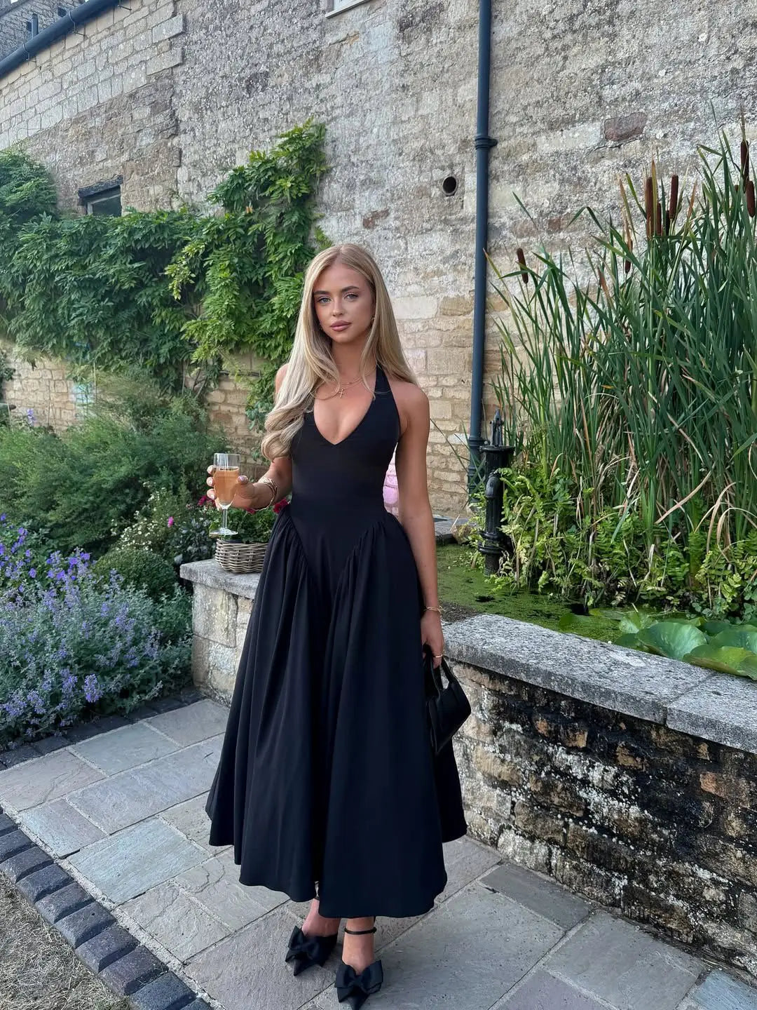 YENKYE Sexy Backless Green Elegant Halter Dress For Women Low Waist A-line Midi Summer Evening Party Dresses Cotton Robe