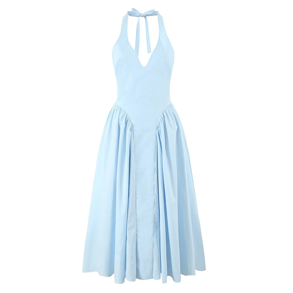 YENKYE Sexy Backless Green Elegant Halter Dress For Women Low Waist A-line Midi Summer Evening Party Dresses Cotton Robe
