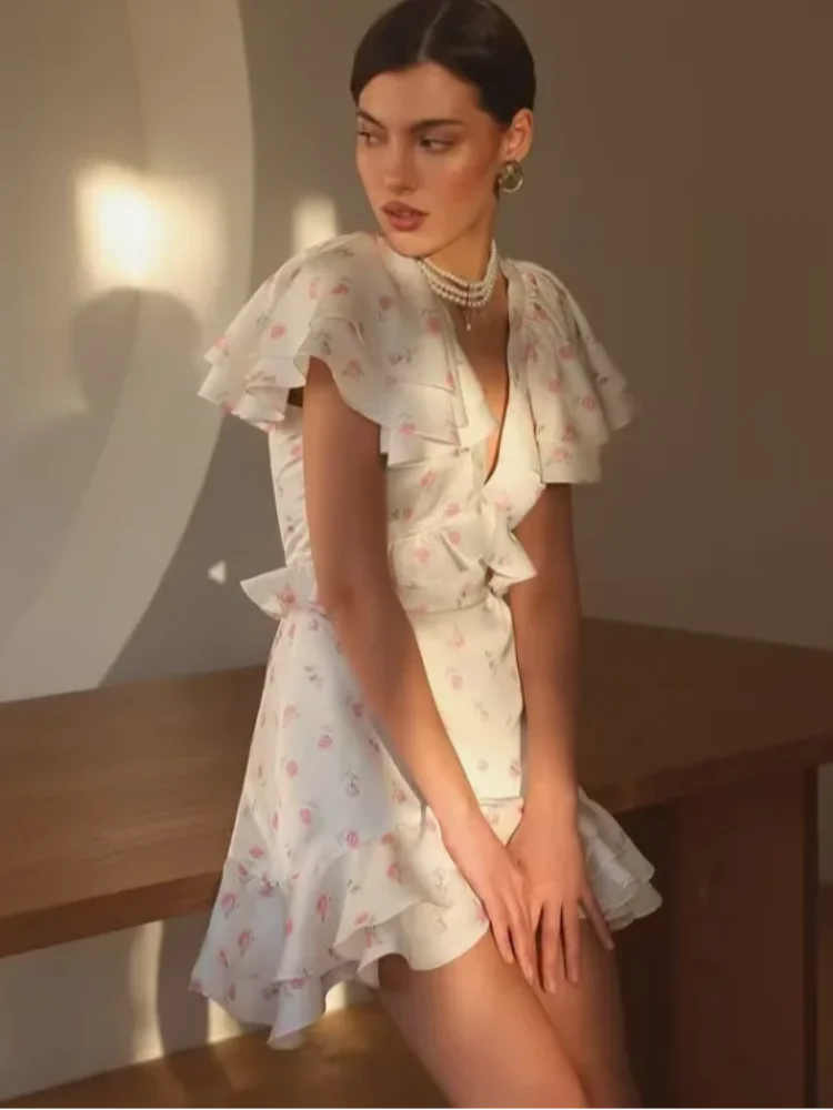 Floral Print V-neck Cinched Waist Dress Women Chic Layered Ruffle Hem Short Sleeved High-waist Dresses 2026 New Street Vestidos