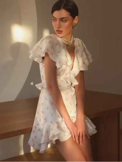 Floral Print V-neck Cinched Waist Dress Women Chic Layered Ruffle Hem Short Sleeved High-waist Dresses 2026 New Street Vestidos
