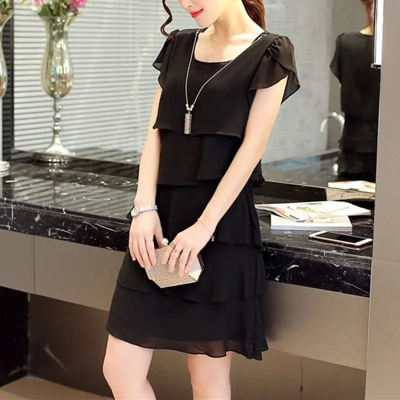 2026 Dress For Women Summer Wave Cut Ruffle Sweet Solid Short Sleeve Slim Dresses Lady Casual All-match Vestido O-Neck Chiffon