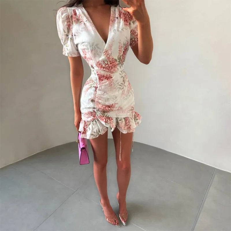 Chic Ruffle Print Slim Fit Dress Women Chic Flared sleeves V-neck Pleated Short Dresses 2026 Lady Summer Casual Daily Vestidos