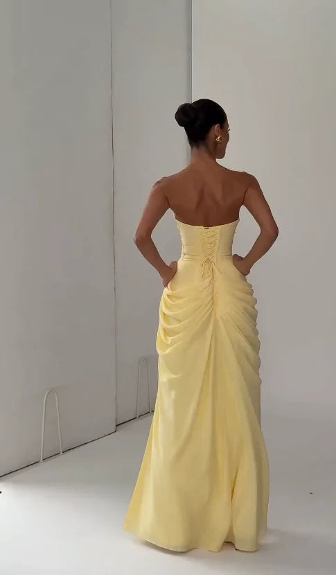 Yellow Strapless Pleated Women Split Maxi Dress Elegant Sleeveless Waist Cinching Slim Fit Dresses 2026 Lady Daily Party Gowns