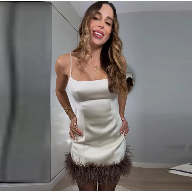 Sexy Feather Patchork Sling Short Dress Women Sleeveless Backless Slim Female Dresses 2026 Spring Summer Lady Beach Chic Robes