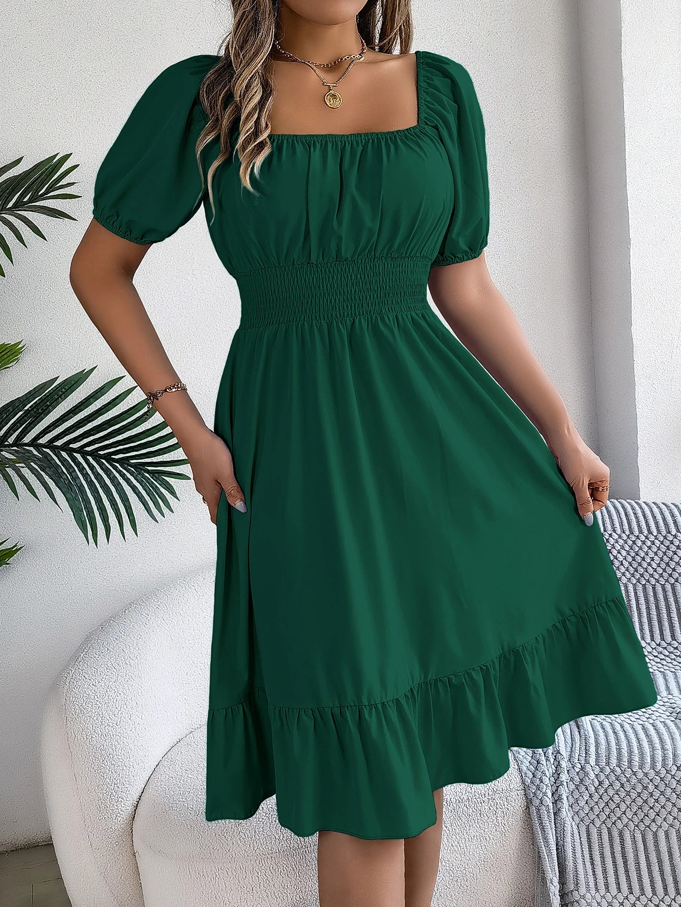 Spring Summer Elegant High Waisted Dress Square Neck Short Sleeved Ruffled Edge Long Dresses 2026 Valentine's Day Woman Clothing