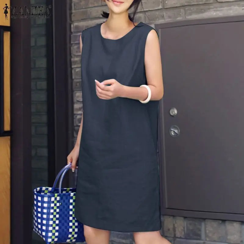 2024 Summer Dress ZANZEA Fashion Sleeveless Beach Vestidos Office Work Sundress Women Elegant Solid Color Dresses Robe Femme
