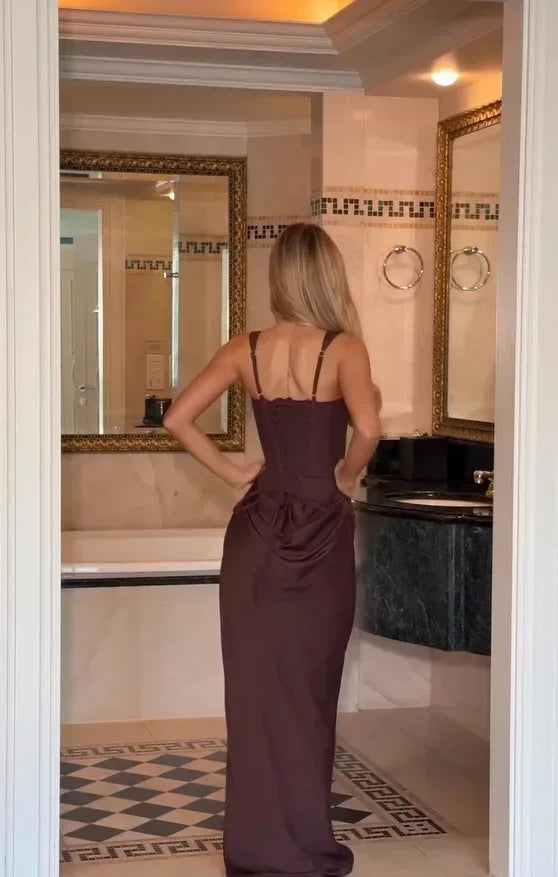 Solid Pleated Sling Dress Square Neck Sleeveless Off-shoulder Waist Cinching Slim Women Dresses Fashion Evening Party Gowns 2025