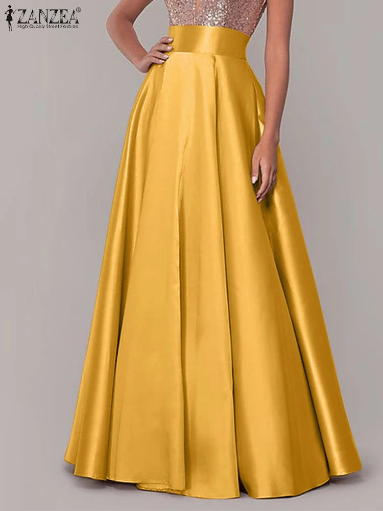 ZANZEA Women Satin Silk Black Maxi Long Skirts Elegant Luxury High Waisted A-Line Party Jupe Femme with Back Zipper Faldas Mujer