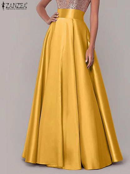 ZANZEA Women Satin Silk Black Maxi Long Skirts Elegant Luxury High Waisted A-Line Party Jupe Femme with Back Zipper Faldas Mujer