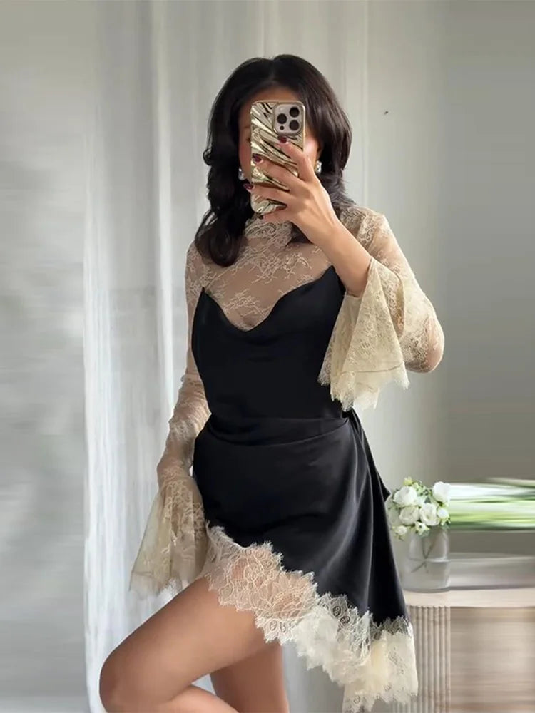 Lace Patchwork Panelled Short Dress Women Sexy Hollow Out Flare Long Sleeve Pleat Party Evening Dresses Charming Ladies Clubwear