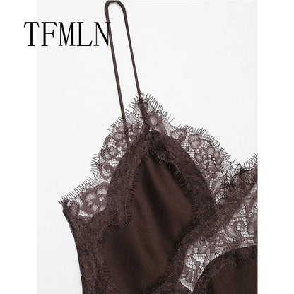 TFMLN Women Sexy Lace Splicing Dresses Summer Solid Sleeveless Asymmetry Dress Backless Slim Women's  Party Sling Mini Dress