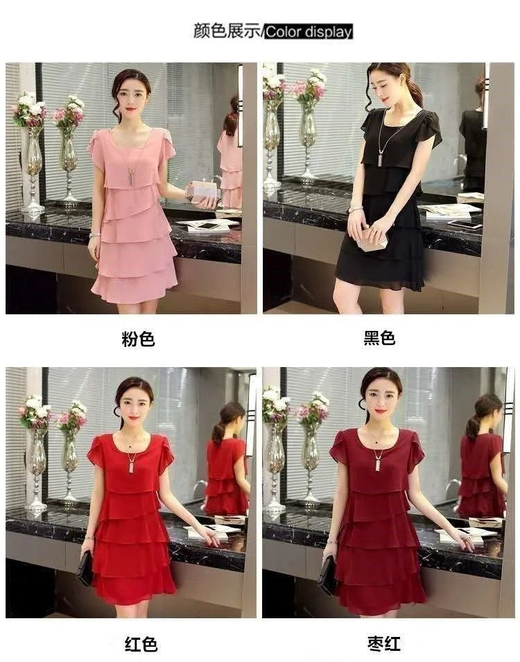 2026 Dress For Women Summer Wave Cut Ruffle Sweet Solid Short Sleeve Slim Dresses Lady Casual All-match Vestido O-Neck Chiffon