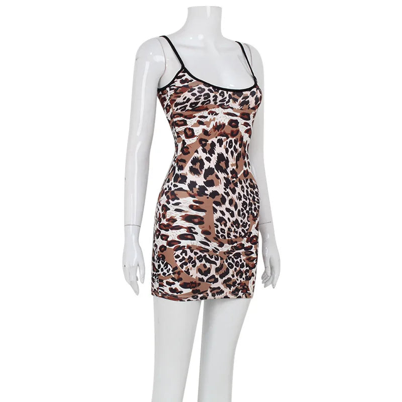 Fashion Sexy Summer Leopard Printed Women Dresses Backless Streetwear Regular Casual Camisole Strapless Skinny Vestidos Robes