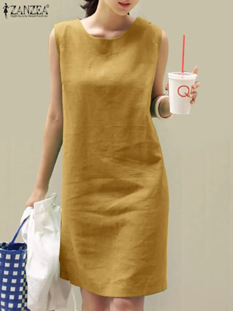 2024 Summer Dress ZANZEA Fashion Sleeveless Beach Vestidos Office Work Sundress Women Elegant Solid Color Dresses Robe Femme