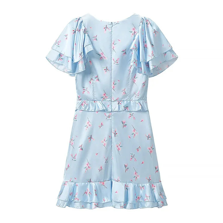 Floral Print V-neck Cinched Waist Dress Women Chic Layered Ruffle Hem Short Sleeved High-waist Dresses 2026 New Street Vestidos