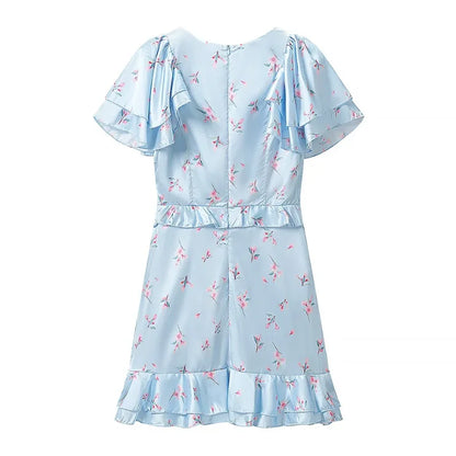 Floral Print V-neck Cinched Waist Dress Women Chic Layered Ruffle Hem Short Sleeved High-waist Dresses 2026 New Street Vestidos