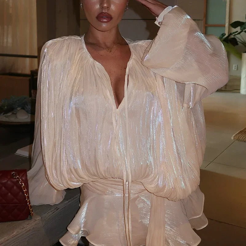 Fashion Solid Mesh Long Sleeved Backless Pleated Prom Dresses Chic Ruffle Bow Lace Up Women Mini Dresses Lady Spring Party Robe