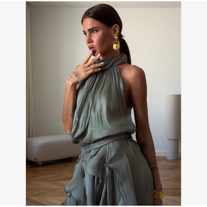 Women Solid Halter Neck Ruffle Long Dress Elegant Sleeveless Chiffon Tiered Waist Cinching Maxi Dresses 2026 New Street Vestidos