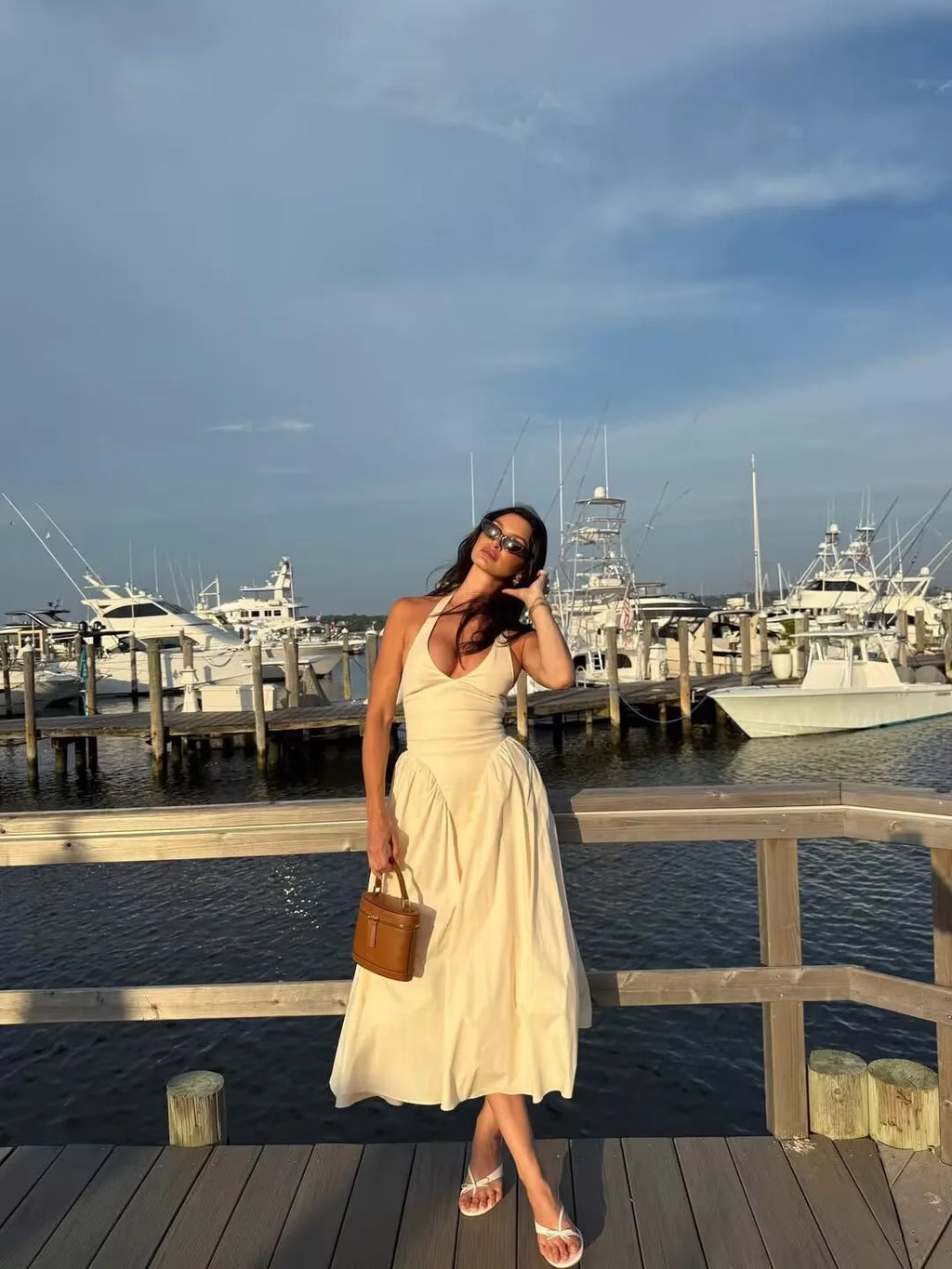 YENKYE Sexy Backless Green Elegant Halter Dress For Women Low Waist A-line Midi Summer Evening Party Dresses Cotton Robe