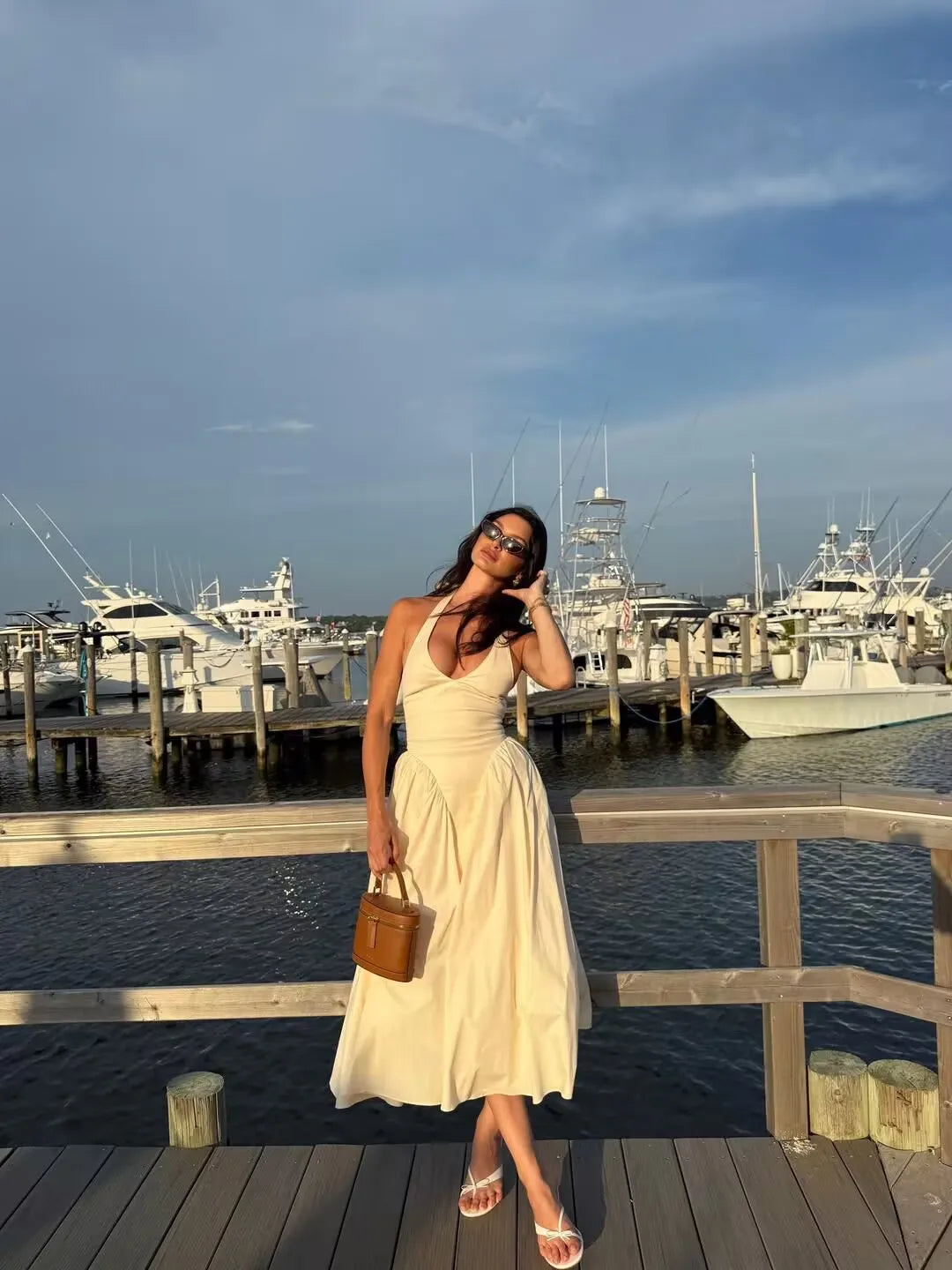 YENKYE Sexy Backless Green Elegant Halter Dress For Women Low Waist A-line Midi Summer Evening Party Dresses Cotton Robe
