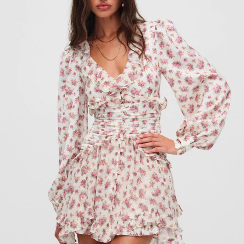 Boho Floral Print Ruffle Mini Dress Women Front Button Long Sleeve V Neck Spring Dresses 2025 Holiday Robe Short Vestidos