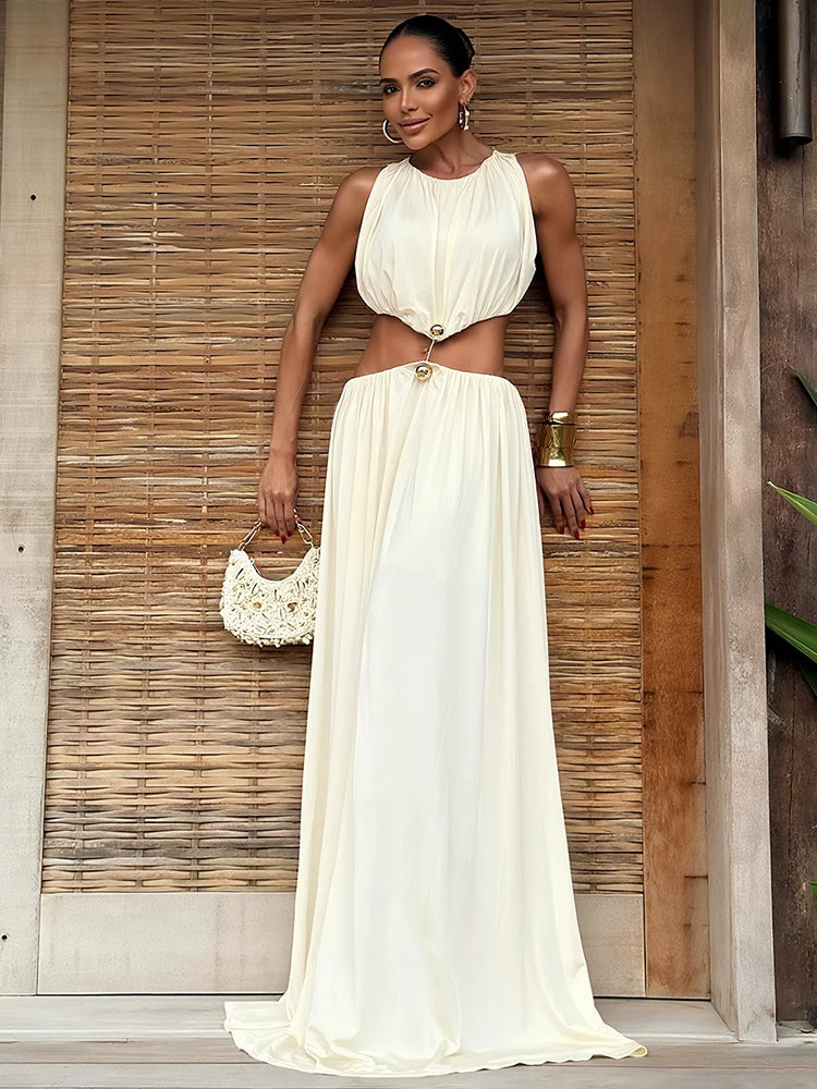 kliou Shirring Waistless Women Maxi Dresses Hipster Simple Sleeveless Splice O-neck Sheath Straight Robe Female Evening Frock