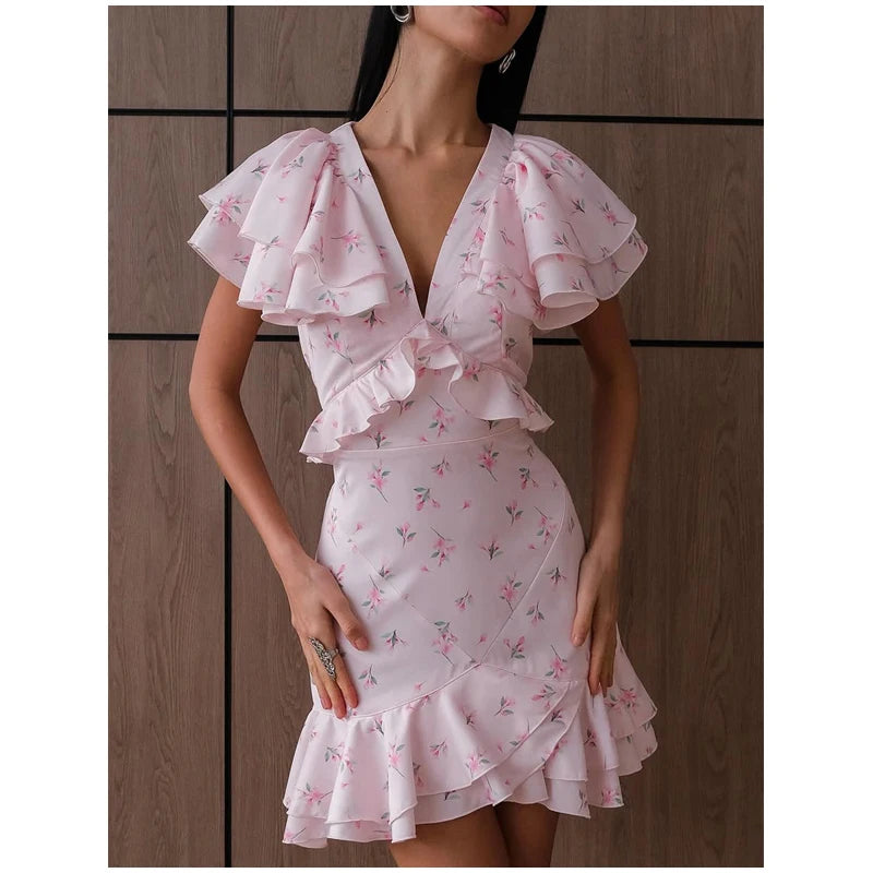 Floral Print V-neck Cinched Waist Dress Women Chic Layered Ruffle Hem Short Sleeved High-waist Dresses 2026 New Street Vestidos