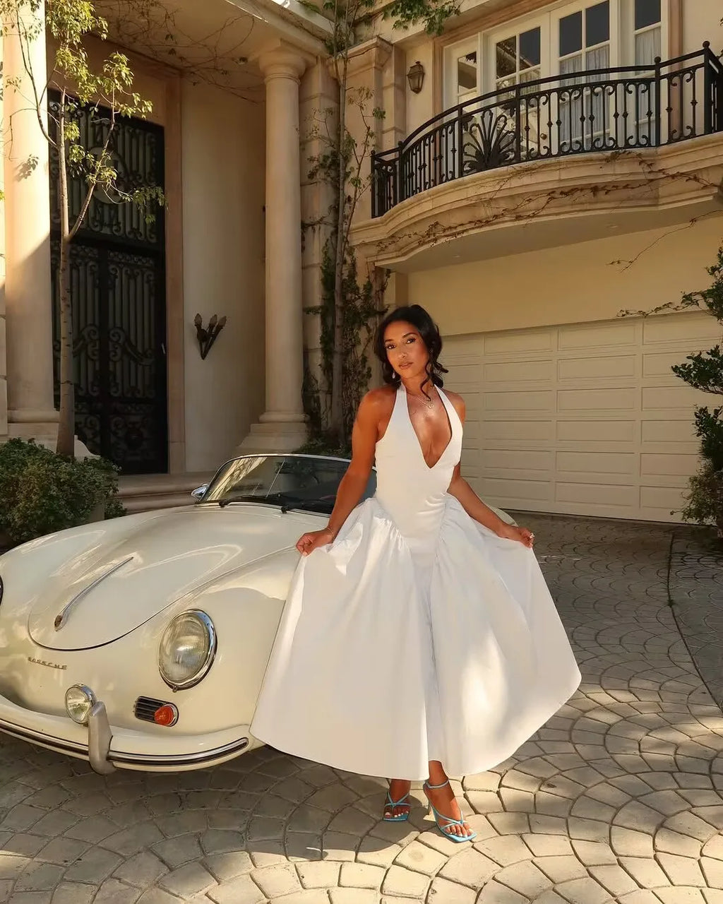 YENKYE Sexy Backless Green Elegant Halter Dress For Women Low Waist A-line Midi Summer Evening Party Dresses Cotton Robe