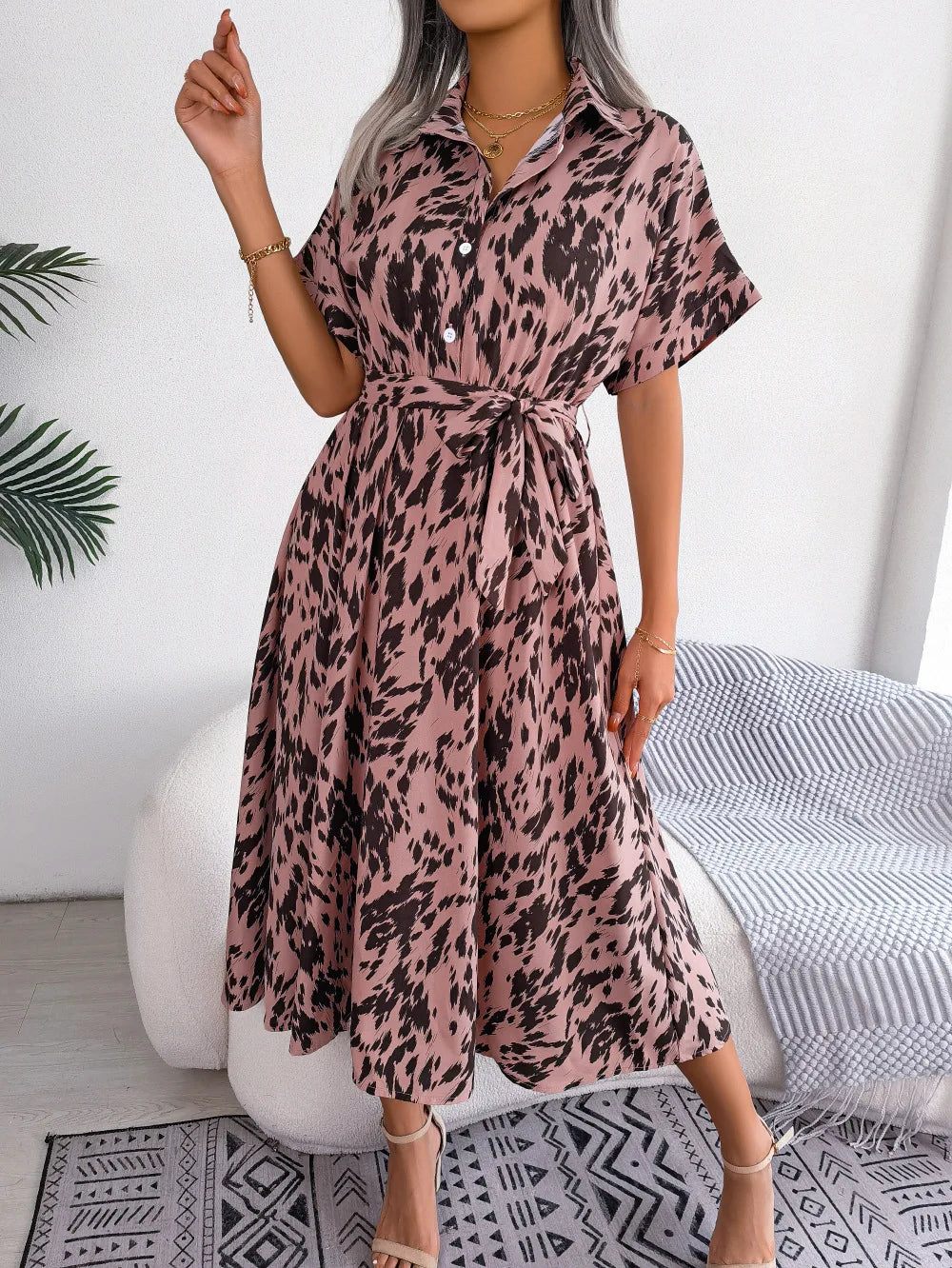 Ficusrong Women Summer Casual Loose Leopard Lace Up Shirt Dress For Ladies Fashion All Match Chic Dresses