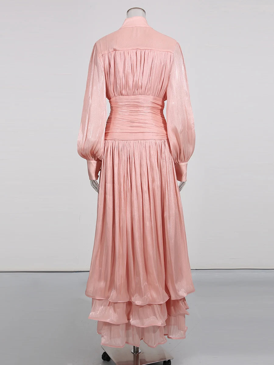 TWOTWINSTYLE Solid Spliced Ruffles Folds Elegant Dresses for Women Stand Neck Long Sleevs Tunic Temperament Dress Female Fashion