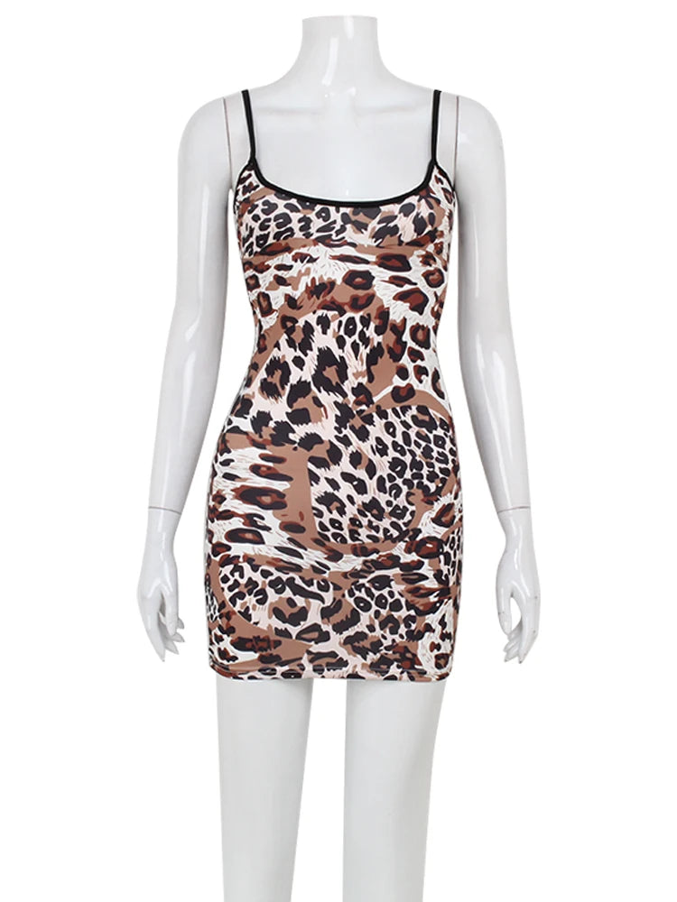 Fashion Sexy Summer Leopard Printed Women Dresses Backless Streetwear Regular Casual Camisole Strapless Skinny Vestidos Robes