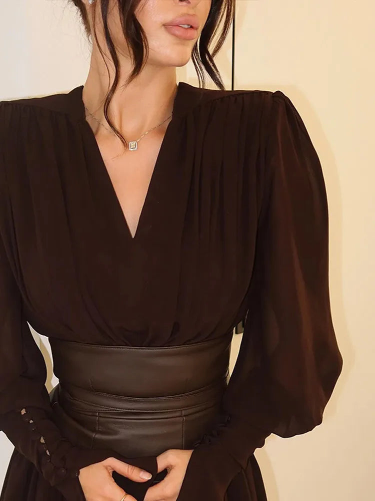 Vintage Nipped Waisted Long Sleeved A-line Dress Elegant V Neck Split Long Dresses 2024 Women Loose Vintage Party Long Dresses