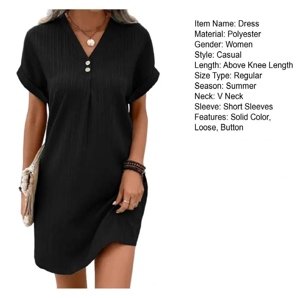 Summer Women Dress V Neck Button Short Sleeves Loose Casual Loose Fit Button Dress Summer Loose Lady Short Dress Women Dresses