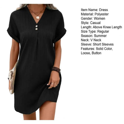 Summer Women Dress V Neck Button Short Sleeves Loose Casual Loose Fit Button Dress Summer Loose Lady Short Dress Women Dresses
