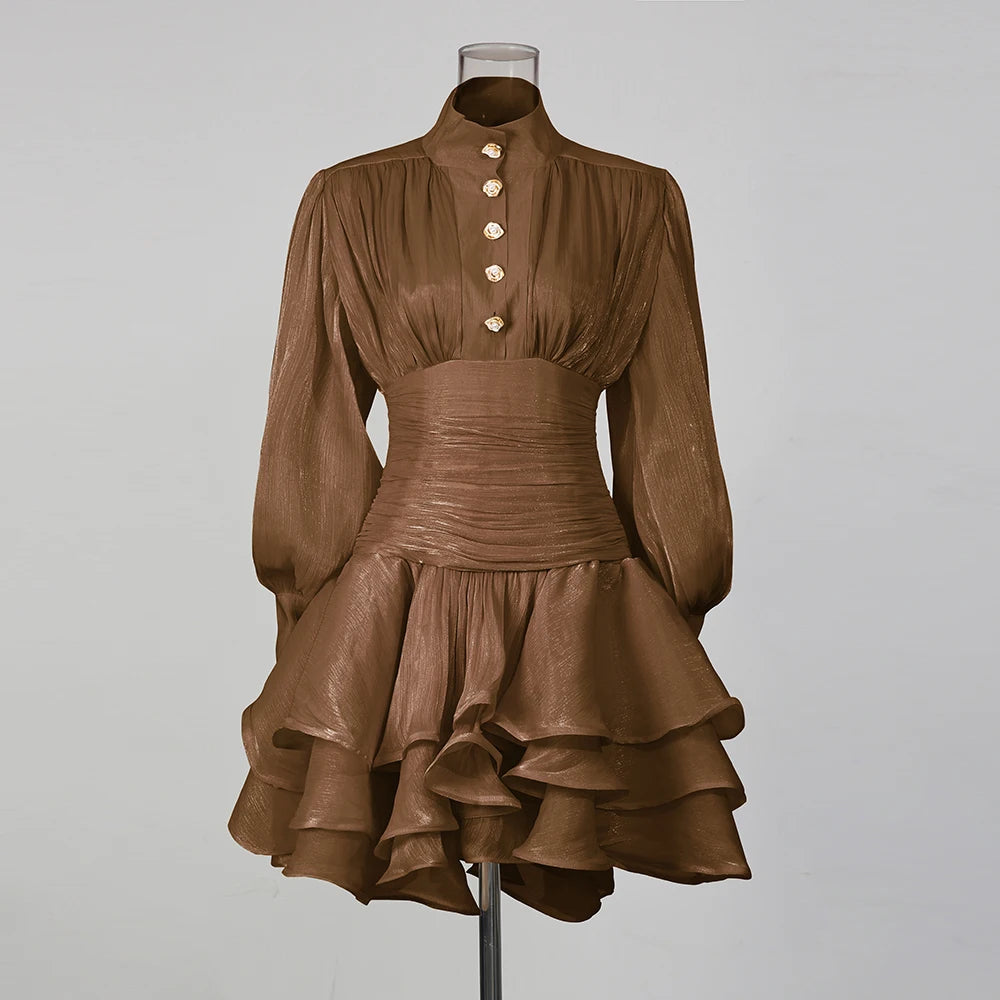 TWOTWINSTYLE Solid Spliced Ruffles Folds Elegant Dresses for Women Stand Neck Long Sleevs Tunic Temperament Dress Female Fashion