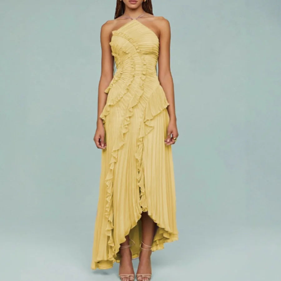 Elegant Women Lotus Edge Maxi Dress Slim Fit Backless Lace Up Halter Dresses Sleeveless Party Vacation Gowns