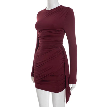 Crew Neck Solid Slim Sheath Dress Fashion Women Long Sleeve Short Wrap High Waisted Mini Dresses Lady 2026 Party Evening Gown