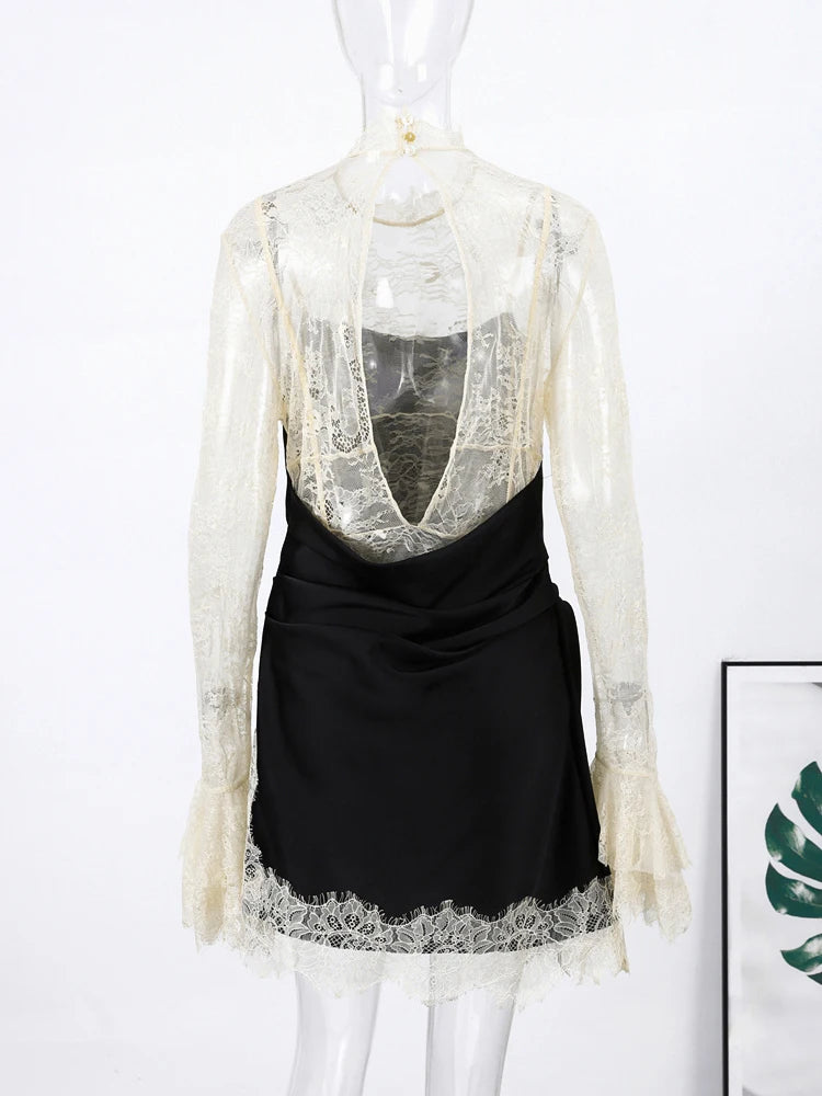 Lace Patchwork Panelled Short Dress Women Sexy Hollow Out Flare Long Sleeve Pleat Party Evening Dresses Charming Ladies Clubwear