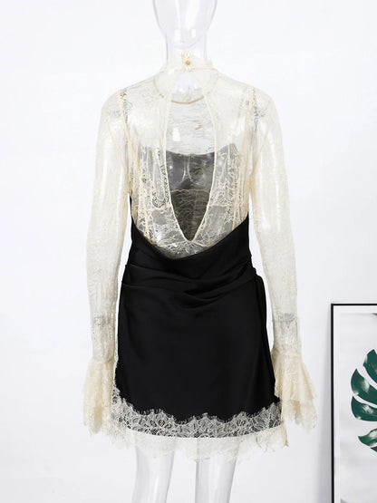 Lace Patchwork Panelled Short Dress Women Sexy Hollow Out Flare Long Sleeve Pleat Party Evening Dresses Charming Ladies Clubwear