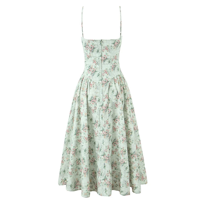 YENKYE Green Floral Print Sexy Spaghetti Straps Dress Women Low Waist A-line Midi Holiday Summer Dresses Party Robe 2025 Vestido