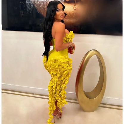 Elegant Ruffles Tassel Birthday Dress for Women 2024 Night Party Celebrity Irregular Strapless Sleeveless Evening Long Dresses