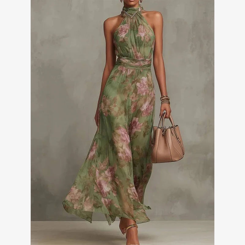 Women Solid Halter Neck Ruffle Long Dress Elegant Sleeveless Chiffon Tiered Waist Cinching Maxi Dresses 2026 New Street Vestidos