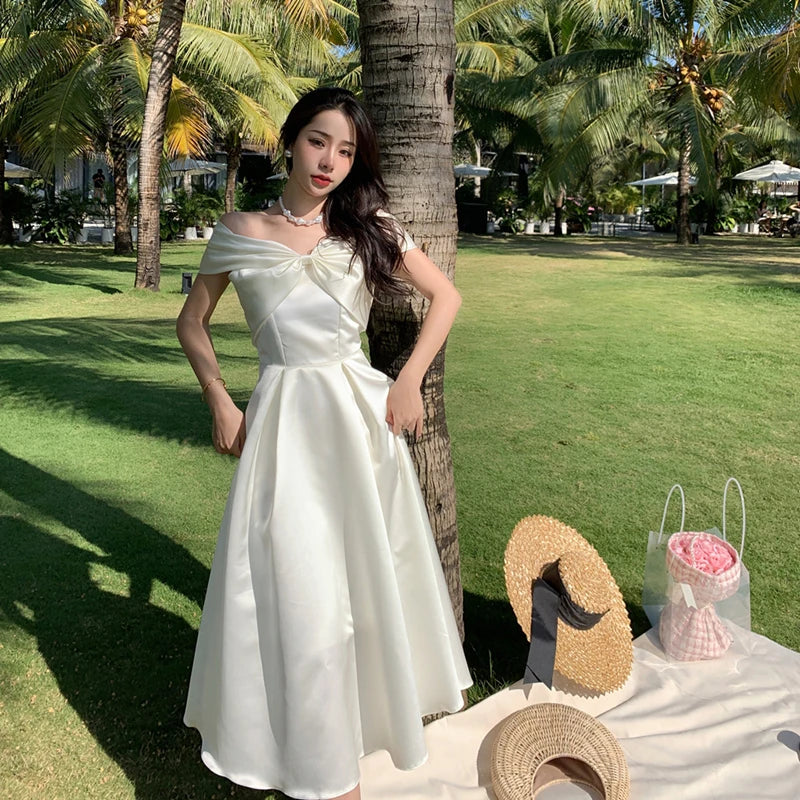 Horetong Bow Slash Neck Sexy Dress Summer Women White Fairy Elegant A-Line Midi Dresses Female Party Prom Clothes Vestdios
