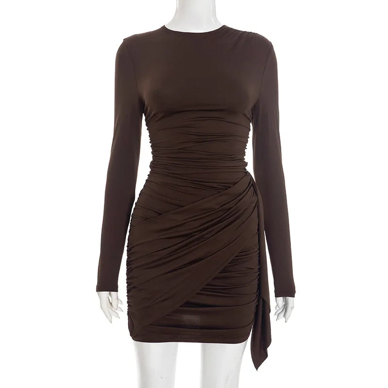Crew Neck Solid Slim Sheath Dress Fashion Women Long Sleeve Short Wrap High Waisted Mini Dresses Lady 2026 Party Evening Gown