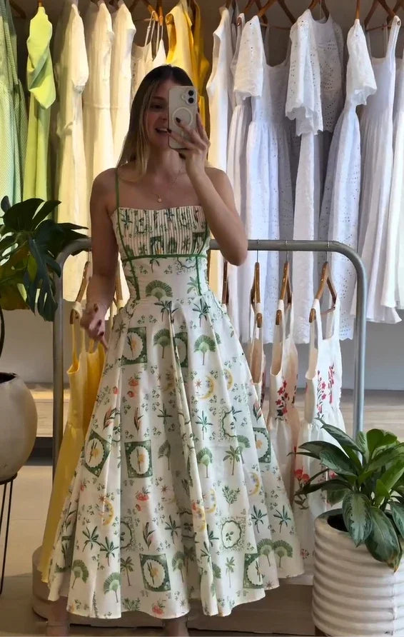 Women Chic Printed Gathered Large Swing Dress Sexy Sleeveless High Waist Slim Fit Sling Dresses 2026 New Lady Party Club Gowns