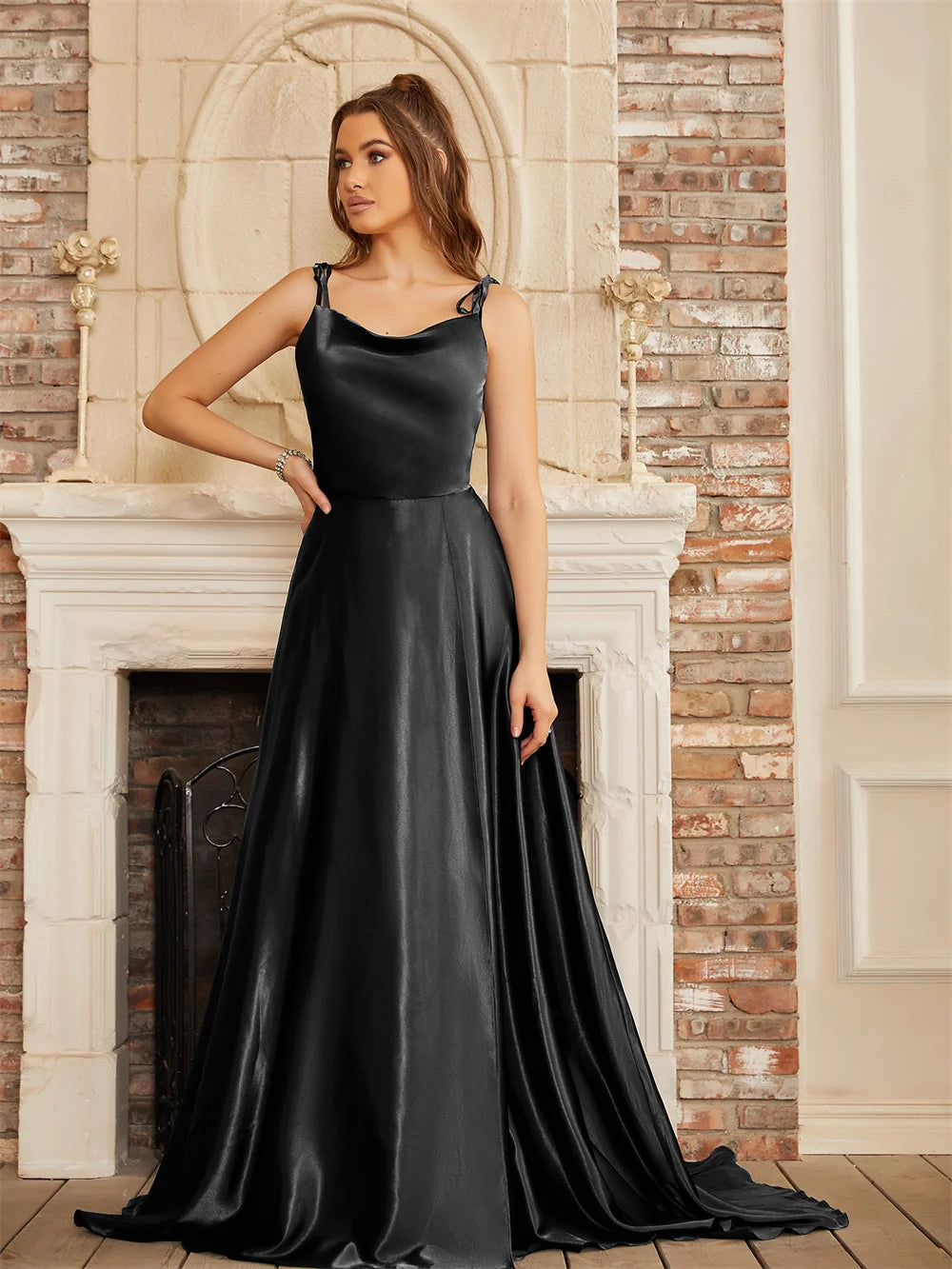 Elegant Women Maxi Beach Satin Dress Sexy Leg Slit Lace up Evening Prom Gown Adjustable Straps Bridesmaid Dresses