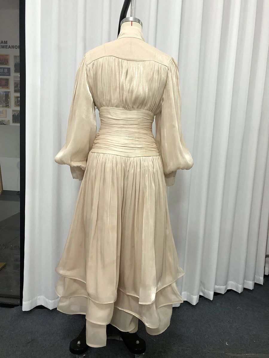 TWOTWINSTYLE Solid Spliced Ruffles Folds Elegant Dresses for Women Stand Neck Long Sleevs Tunic Temperament Dress Female Fashion