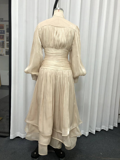 TWOTWINSTYLE Solid Spliced Ruffles Folds Elegant Dresses for Women Stand Neck Long Sleevs Tunic Temperament Dress Female Fashion