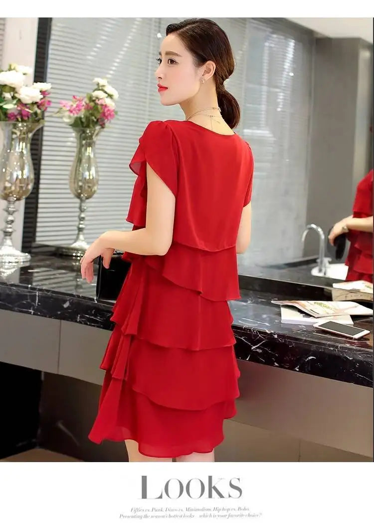 2026 Dress For Women Summer Wave Cut Ruffle Sweet Solid Short Sleeve Slim Dresses Lady Casual All-match Vestido O-Neck Chiffon