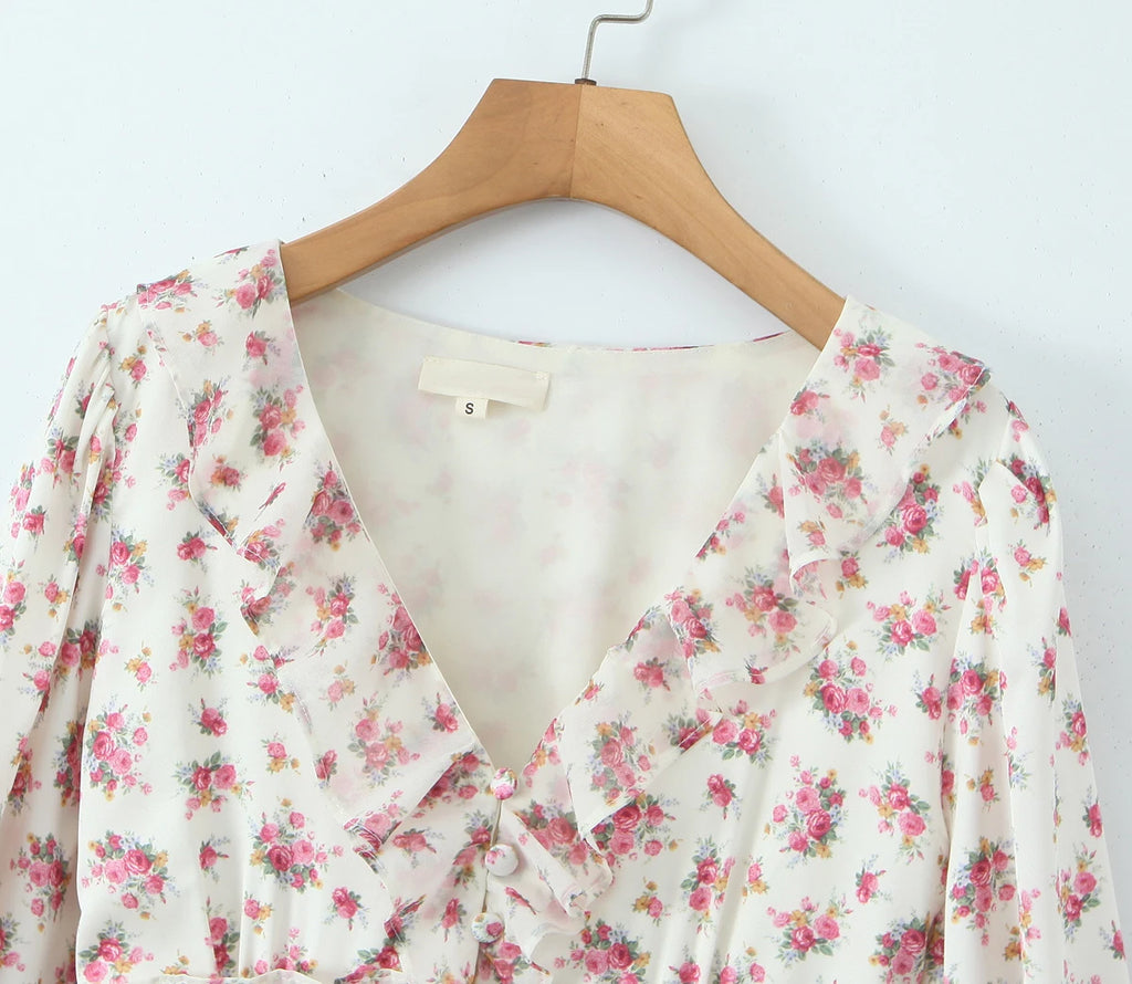 Boho Floral Print Ruffle Mini Dress Women Front Button Long Sleeve V Neck Spring Dresses 2025 Holiday Robe Short Vestidos